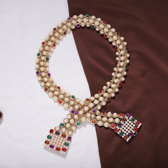 Luxury Pearl & Rhinestone High-Waist Belt – XS – Colorful Jeweled Couture Style main image 5